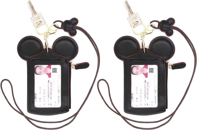 QiMing Mouse Ears Card Holder,PU Lovely Lanyard Family Toys for Girl Woman - Image 1